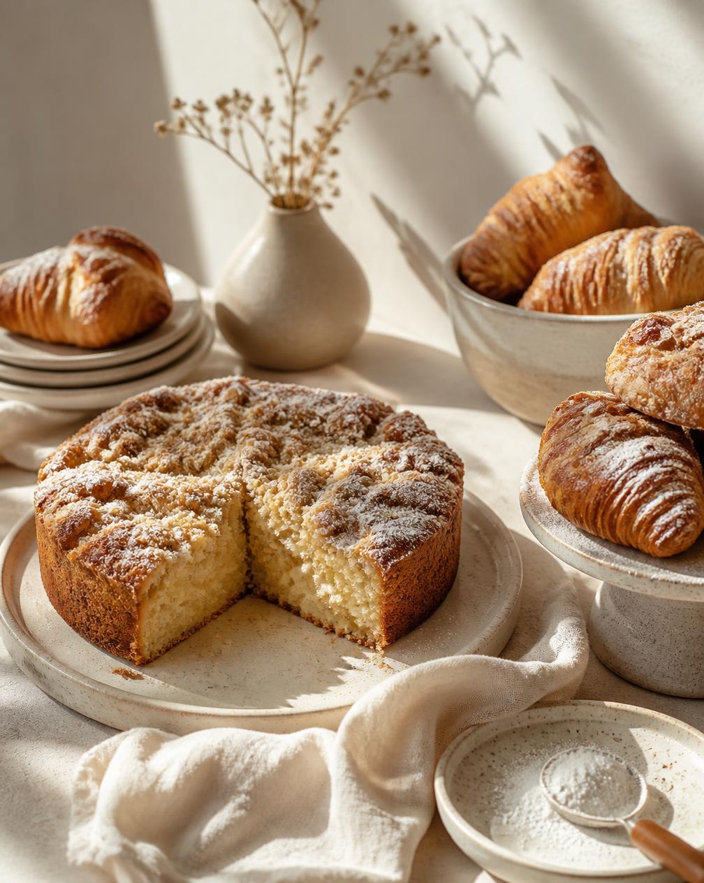 Freshly baked pastries and cake on ceramic plates
