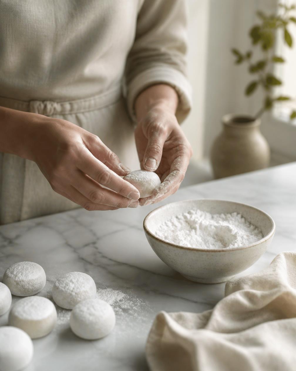 Hands dusted with starch working dough on a marble counter