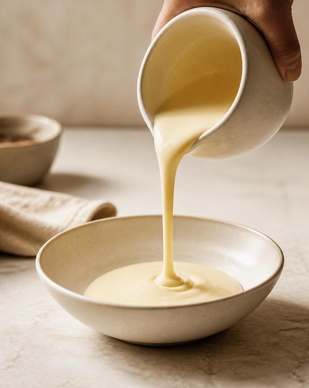 A silky pale sauce being poured into a ceramic bowl