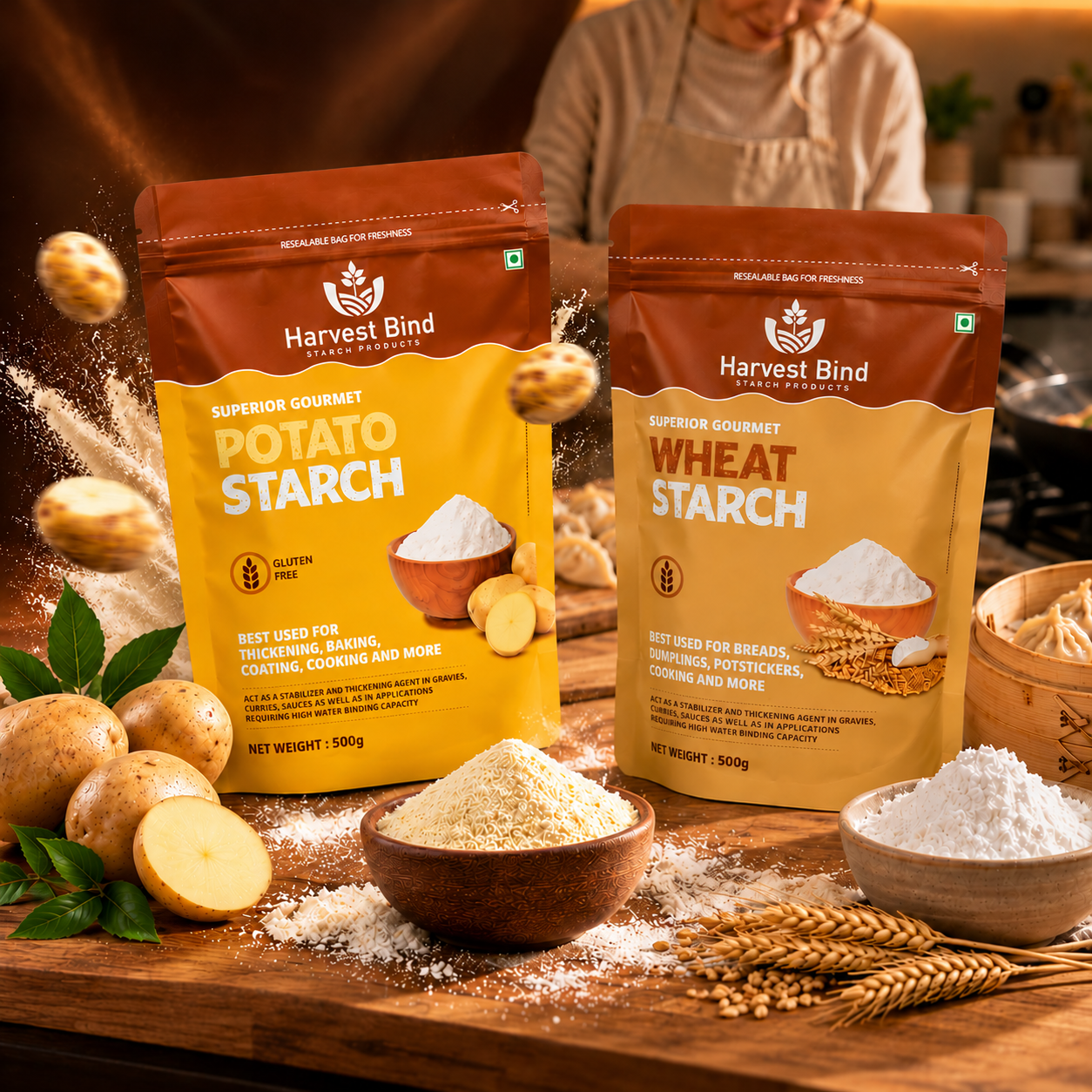 Harvest Bind starch pouch on a cream surface in soft daylight