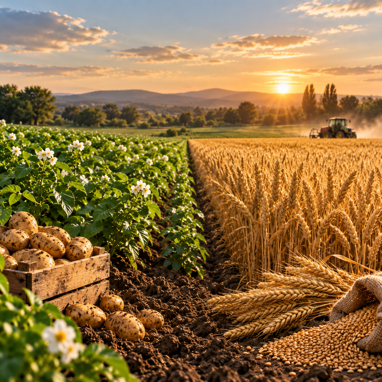 Rows of crops in a field at golden hour