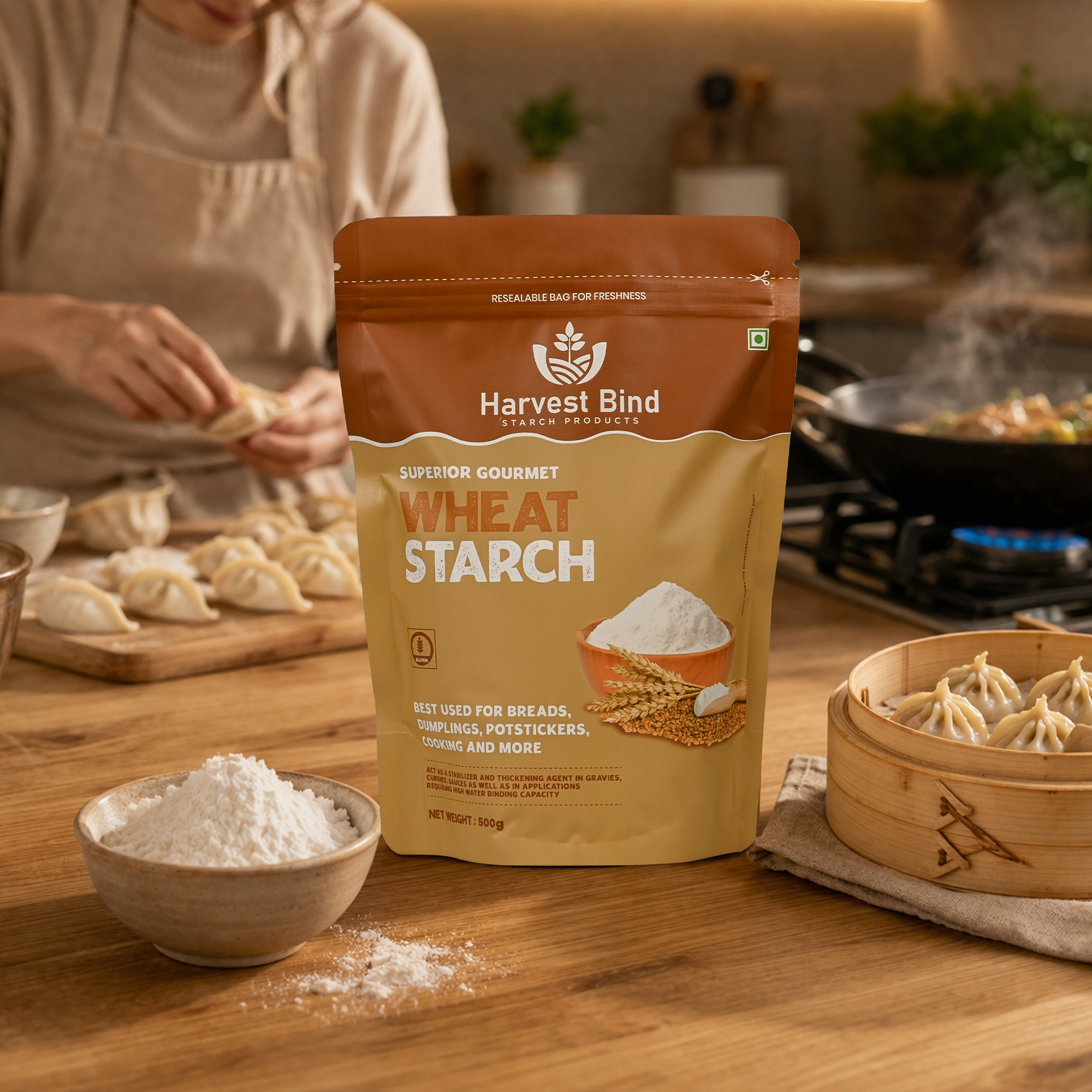 Harvest Bind Wheat Starch pouch beside homemade dumplings